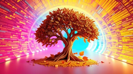 Fototapeta premium Tree stands within glowing digital tunnel. Orange leaves fall, vibrant colors surround roots. Futuristic, symbolic representation.