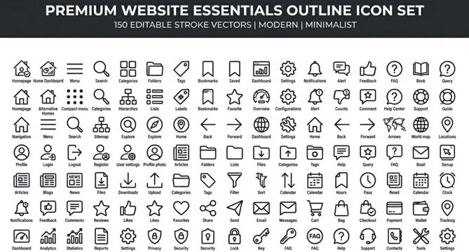 150 website essentials outline icons with navigation and interface elements