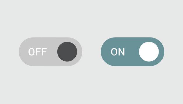 Pair of digital toggle switches showing the off state in grey and the on state in a teal green color on grey background.