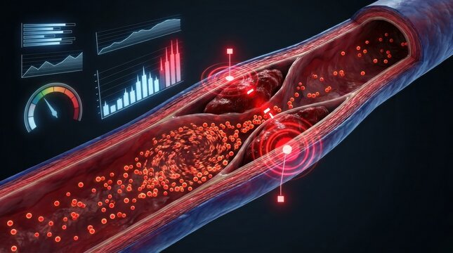 3D medical visualization of a blocked artery with blood clots and data analysis