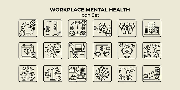 Workplace Mental Health Icon Set &mdash; Burnout Warning, Quiet Quitting, Psychological Safety, Imposter Syndrome, EAP Support, Boundary Setting, Employee Wellbeing &mdash; Flat Vector for HR, Corporate Wellness 