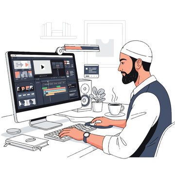 Illustration of a man in a white cap and vest sitting at a desk working on a computer with video editing software on the screen, surrounded by office items in a modern workspace.