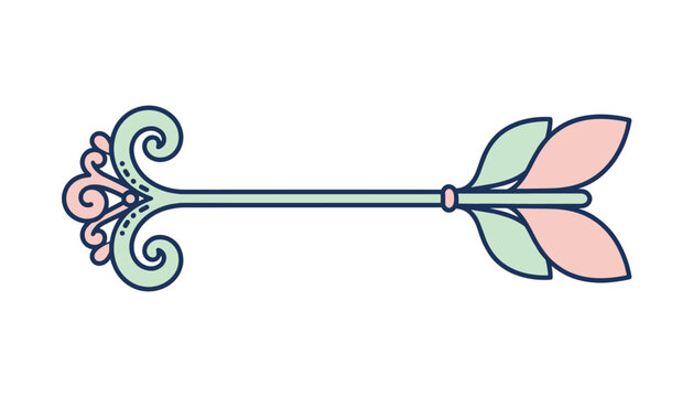 Ornate decorative arrow featuring elegant scrolls on one end and colorful leaf-like fletching on the other end.