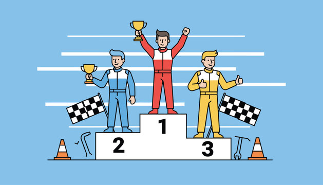 Three race car drivers celebrating on a numbered victory podium with trophies and checkered flags in the background.