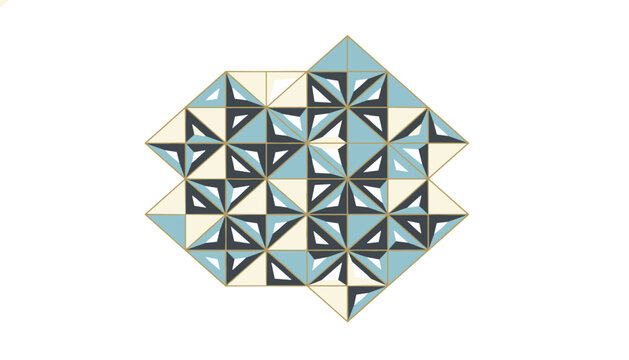 Intricate abstract pattern composed of blue, white, and dark grey triangles arranged in a complex geometric structure.