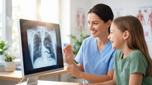Woman nurse pointing at lung X-ray on computer screen with young girl. Pediatric respiratory examination for asthma diagnosis