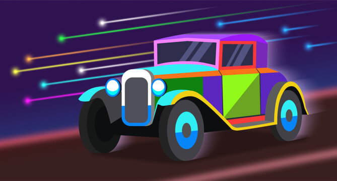Vector vintage retro car, colorful coupe. Driving very fast, speeding along. Bright glowing meteors and comets. Blurred background. Urban transport, 1920s. Old collectable transportation. Color poster