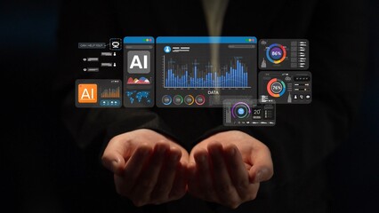 Fototapeta premium AI Assistant Brain Processor with LLM Technology, Big Data, Machine Learning, Generative AI for Business Support, Future Agentic AI Technology and Artificial Intelligence Prompt Engineering. Muxer