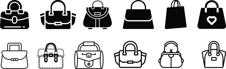 Handbags vector set with various black silhouettes and designs featuring bags, purses, luggage with travel and fashion elements for accessories,Black and white handbag silhouettes handbags purses. © Vector Store