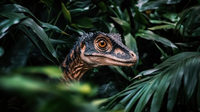 Dinosaur model in tropical foliage