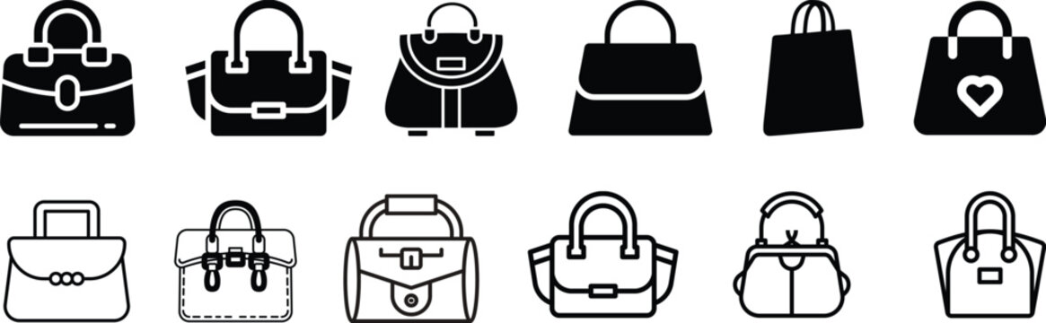 Handbags vector set with various black silhouettes and designs featuring bags, purses, luggage with travel and fashion elements for accessories,Black and white handbag silhouettes handbags purses.