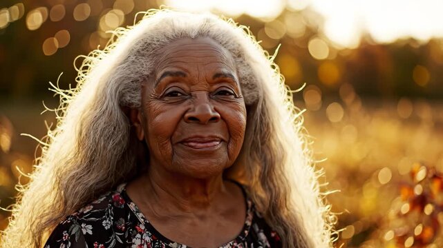 Elderly woman with long gray hair outdoors
