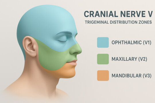Calm face in medical anatomy illustration of trigeminal cranial nerve distribution. colored ophthalmic, maxillary, and mandibular zones show sensory regions