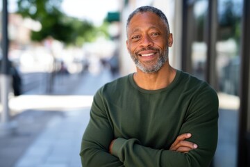 Fototapeta premium The Smiling Middle-Aged Man Standing Confidently with Arms Crossed on Urban Sidewalk