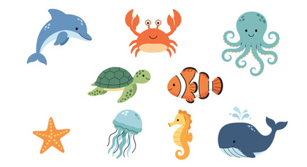Fototapeta premium Colorful ocean creatures illustrations set.