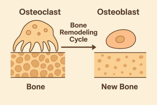 Informative medical education diagram showing bone remodeling cycle with calm osteoclast cell breaking down tissue and osteoblast forming new structure