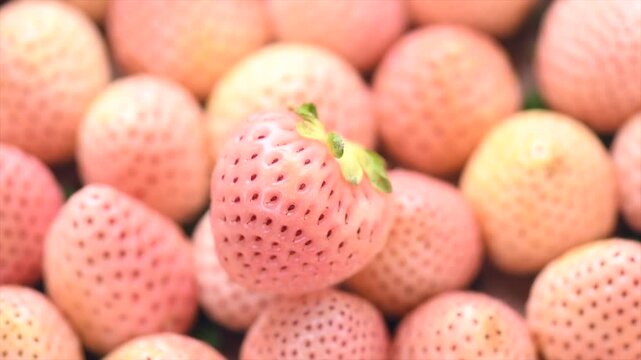White strawberry background, Pineberry. Strawberry, fresh ripe white strawberries background close up. Organic Vegetarian healthy food backdrop, macro shot, top view, rotating. 