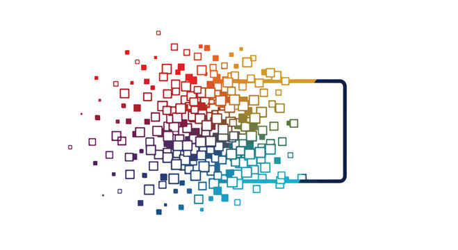 Abstract digital explosion of colorful squares, geometric pixel disintegration effect, rainbow mosaic particles forming a rectangular frame vector