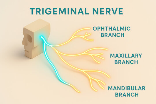 Fascinating and clear isometric trigeminal nerve diagram displaying ophthalmic, maxillary, and mandibular branch structures with bright neon lines for modern healthcare