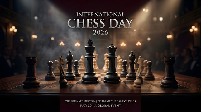 International Chess Day 2026 Silver Gold Chess Pieces Flying Global Stage Audience Celebration