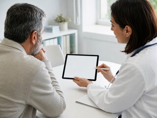 Fototapeta premium Doctor And Patient Reviewing Blank Tablet In Consultation Room