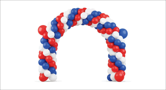 Balloon arch in red white and blue 3d rendering on white background