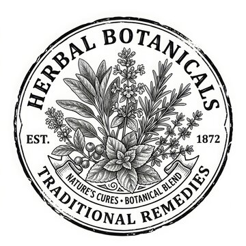 Vintage herbal botanical stamp vector illustration, monochrome engraved leaf design, isolated on white background, antique natural sketch style, clean editable vector
