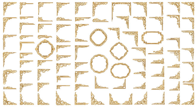 Vintage gold corner borders and frames, elegant filigree scrollwork vector set, luxury golden floral ornaments for wedding invitations