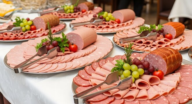 Catering table setup with plates of sliced cold cuts meat ham platter