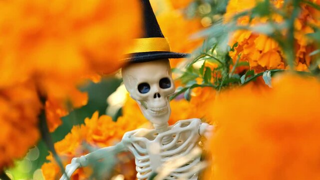 Halloween and Day of the Dead background featuring a skeleton. 4k footage