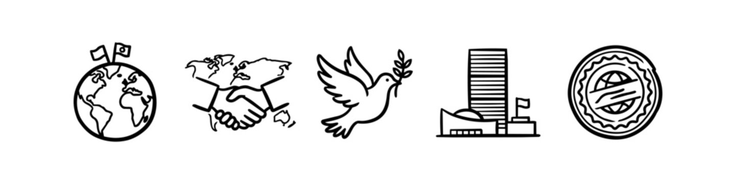 International Relations and Global Cooperation Hand Drawn Icon Set