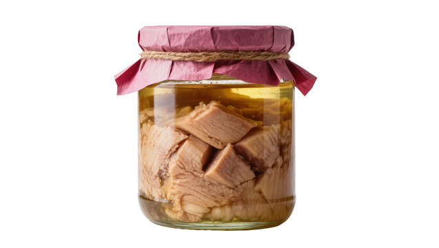 Glass jar with preserved meat chunks in liquid