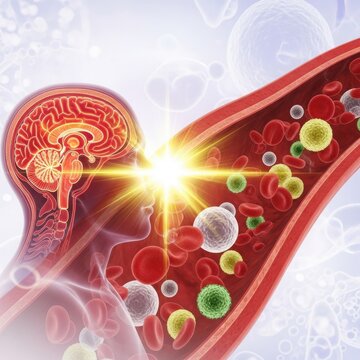 Illustration of brain and blood vessels with various cells and pathogens