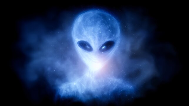 Blue alien head glowing in cosmic nebula
