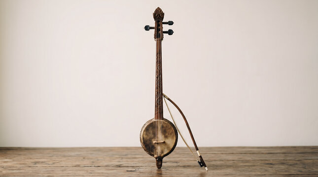 Realistic rebab instrument photo for cultural education, traditional music promotion, museum content, tourism, and heritage advertising.