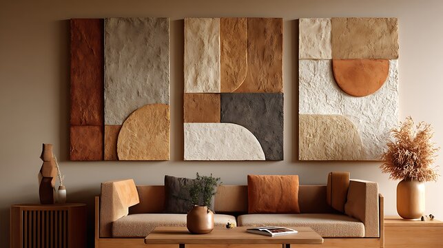 Modern textured wall art triptych above contemporary sofa in minimalist living room interior design