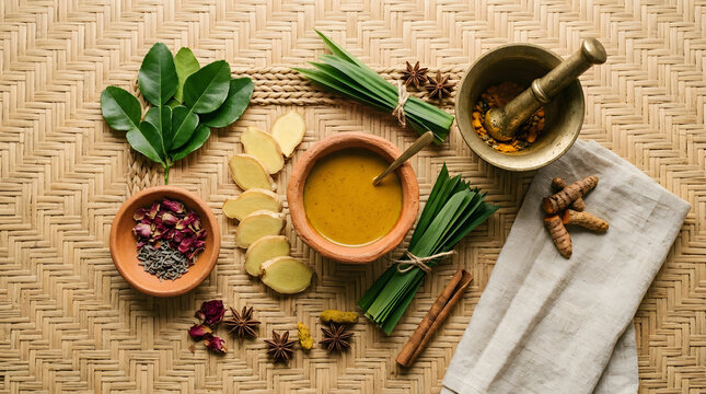 Overhead flatlay of traditional Indonesian jamu ingredients including turmeric, ginger, pandan, star anise, cinnamon, and rose petals on a woven rattan surface.