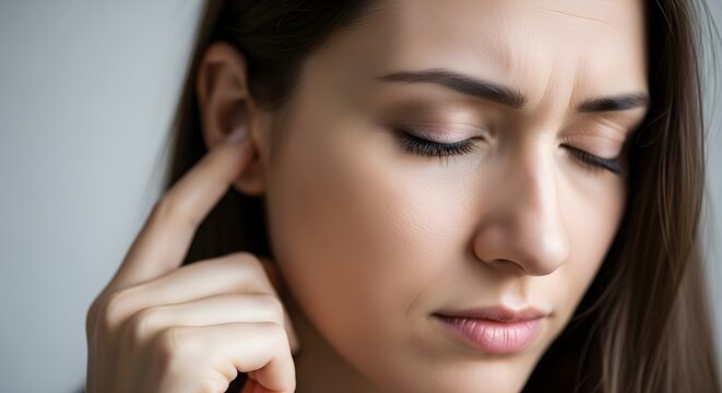 A woman with a pained expression, eyes closed, pointing to her ear, indicating discomfort or earache.