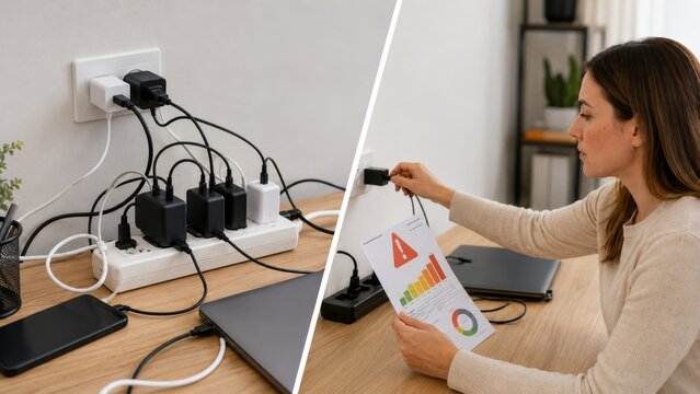 Too many plugged adapters and unnecessary power use at desk