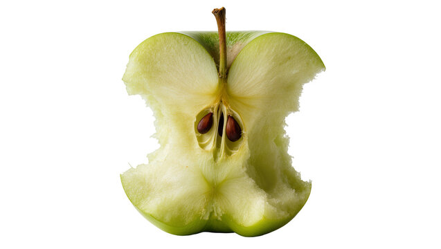 Green apple core with seeds and bite marks