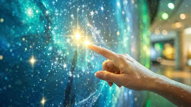 Woman reaching to touch glowing star in planetarium galaxy projection. Interactive astronomy experience in immersive dome