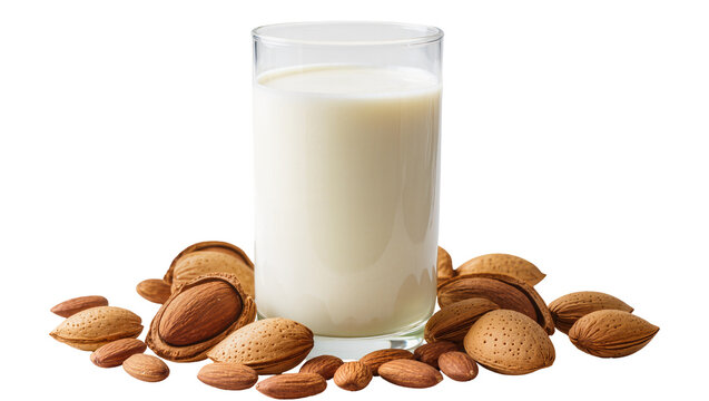 Glass of almond milk with whole almonds and shells