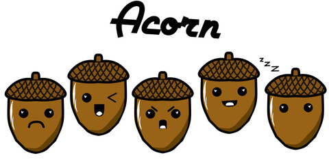 Cute acorn kawaii character with various expressions and highlighted heart eyes, a colorful illustration set for stickers, emoji, and clipart. © Winterblue