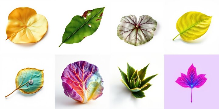 Various leaves displayed. Colors range from gold, green, purple, yellow, plus vibrant neon hues. Shapes differ greatly, textures visible.