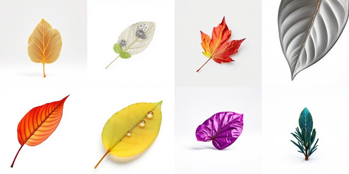 Various colorful leaves presented. Different shapes, textures, hues visible. Minimalist style, white background dominates image.
