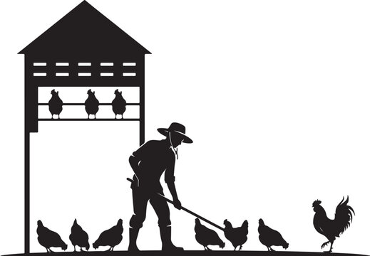 Black silhouette of man feeding chickens outside coop farmer