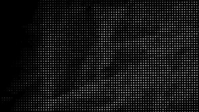 Abstract digital background with binary code digits arranged in a dark halftone dot pattern, high-tech cyber security concept, 4k video.