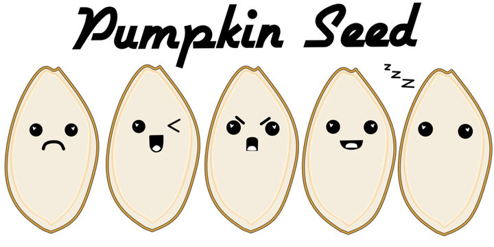 Cute pumpkin seed kawaii character with various expressions and highlighted heart eyes, a colorful illustration set for stickers, emoji, and clipart.