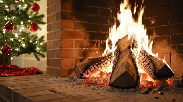 Christmas tree and burning fireplace