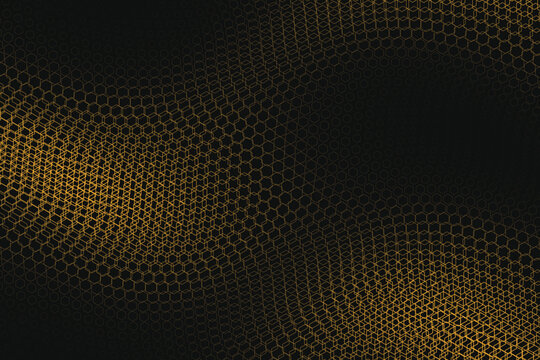 Gradient hexagonal grid pattern with golden yellow lines on black background, abstract geometric